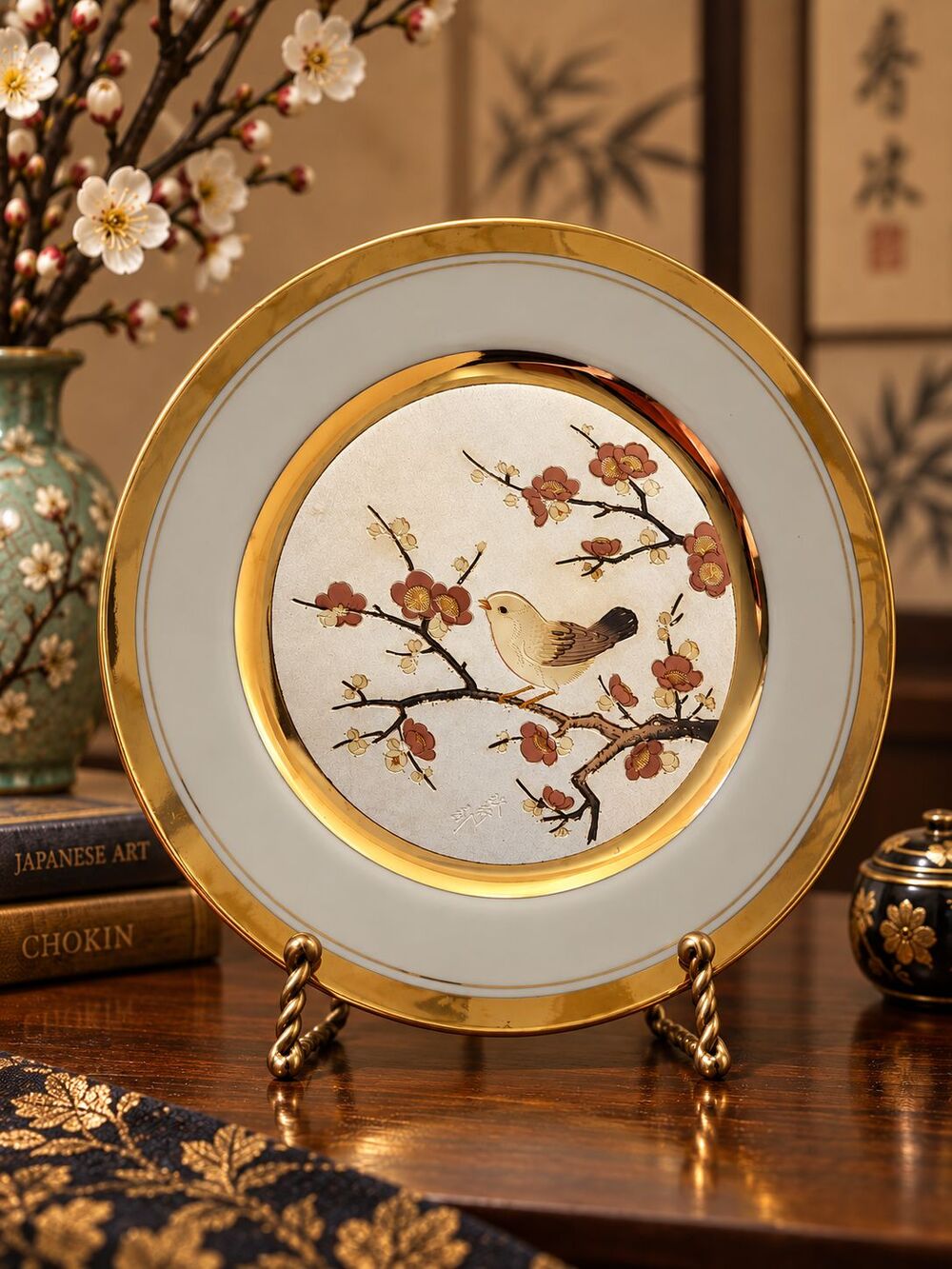 Vintage Dynasty Gallery Chokin Plate Bird Plum Blossoms Gold Silver Japan 11"
